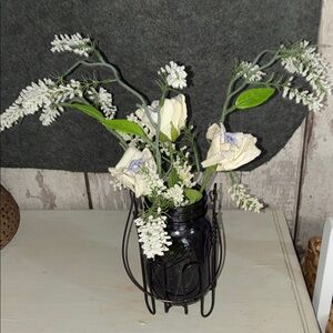 Cream Faux Rose Arrangement with Greenery in Purple Glass Ball Jar